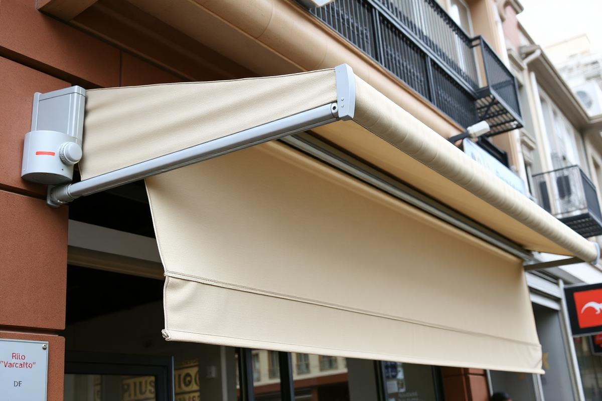 Toldo motorizado instalado em fachada comercial no Rio de Janeiro